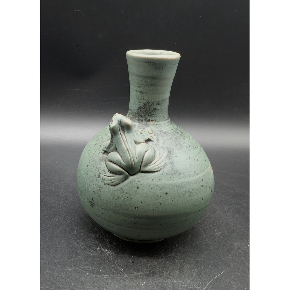 Studio Pottery Frog Bud Vase Celadon Green Speckled Glaze Artisan Stoneware 5.5"
